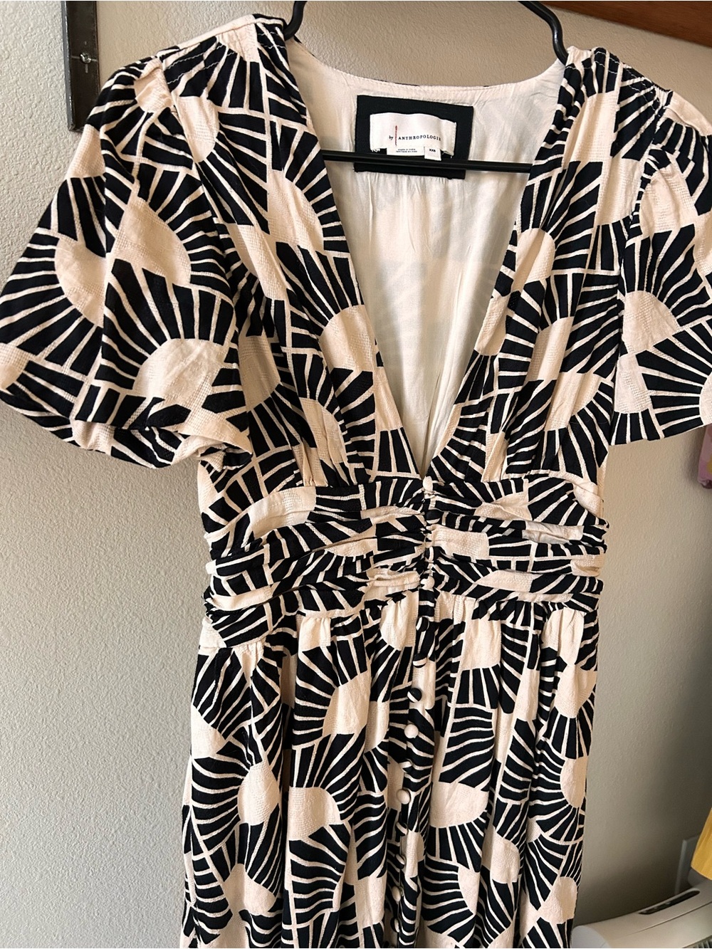 Anthropologie Black & Cream Geometric V-Neck Midi Dress - Picture 3 of 6